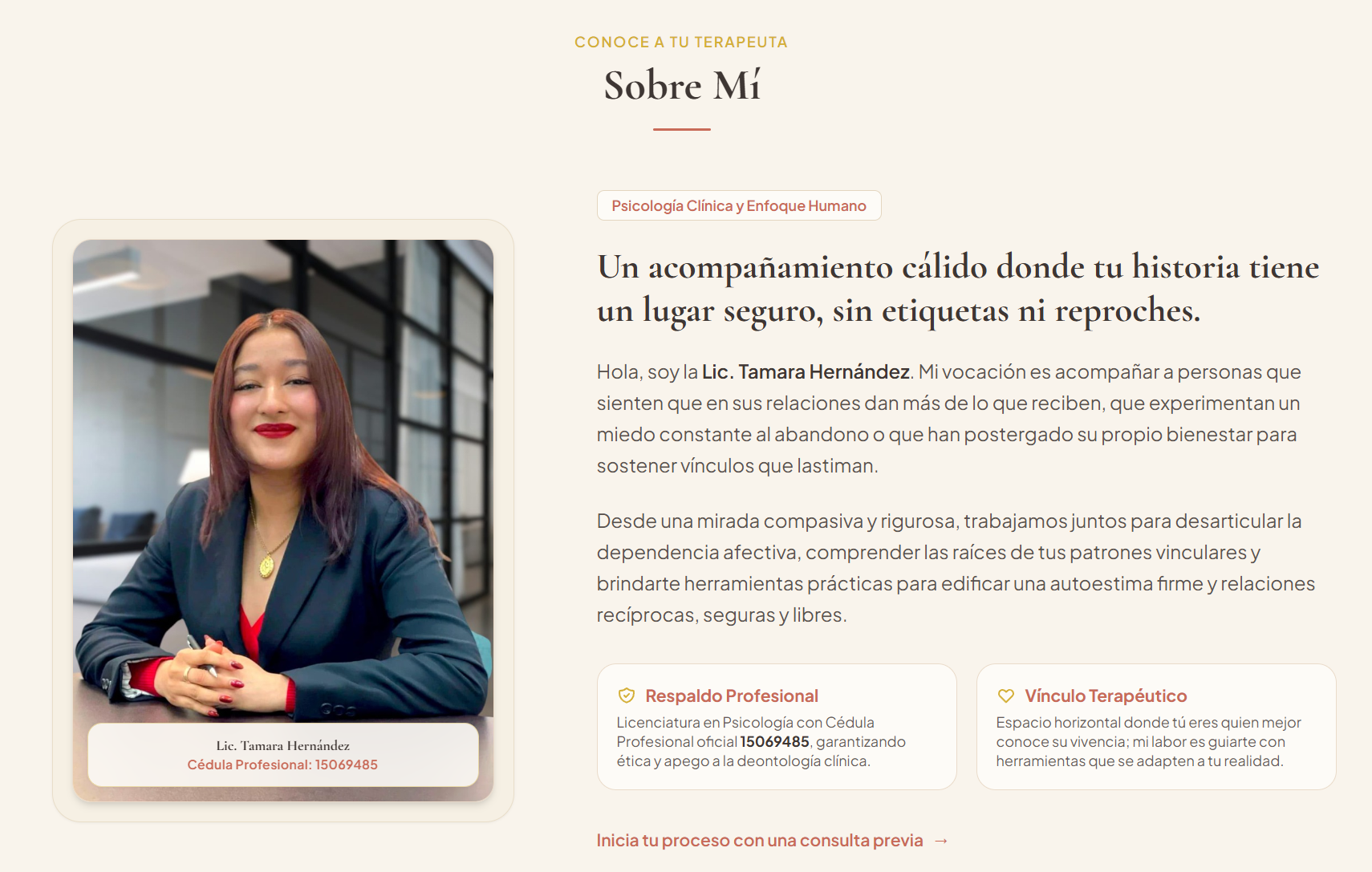 Mockup de Perfil Clínico (Sección Sobre Mí) - Estudio Ágora